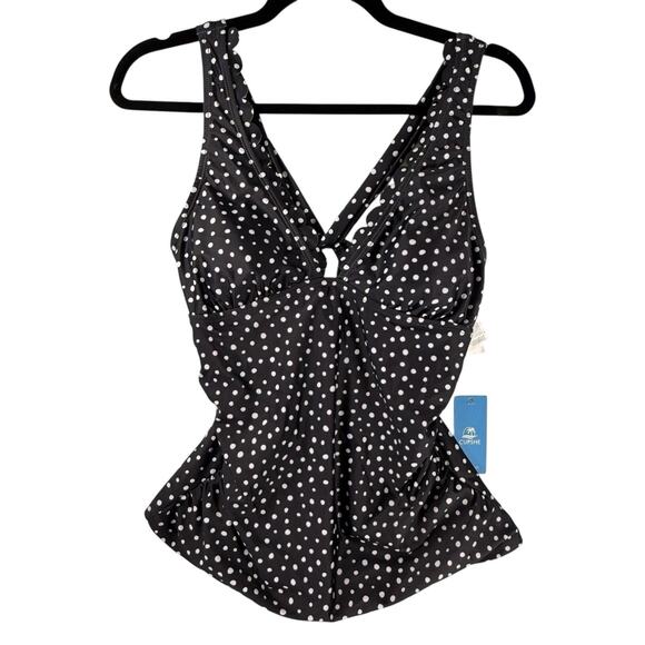 NWT Cupshe Scalloped Tankini Swim Top Size MEDIUM Blk/Wht Retro Beach Polka Dot - Picture 1 of 12